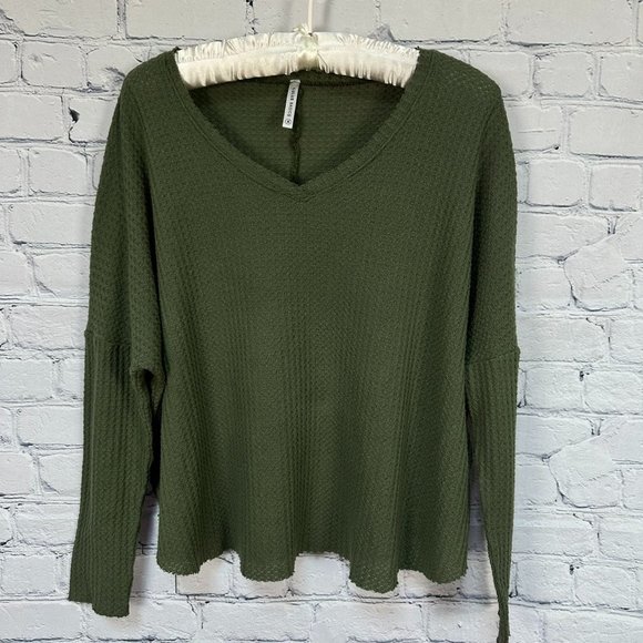 Lulus Basic V-Neck Waffle Knit Top, Size Small, Olive Green - Picture 1 of 8